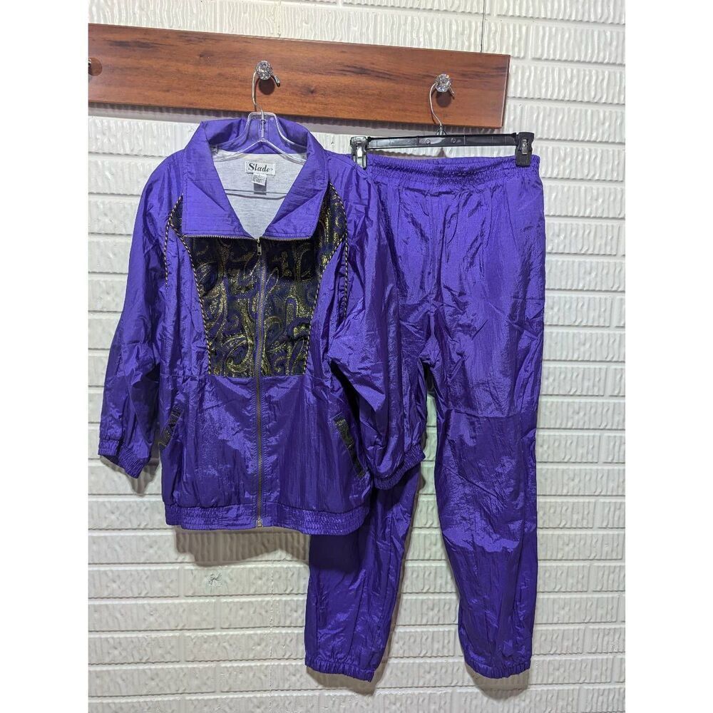 Slade Women's 90's Purple Paisley Polyester Cotton Lined Gold Trim Wind Suit Set